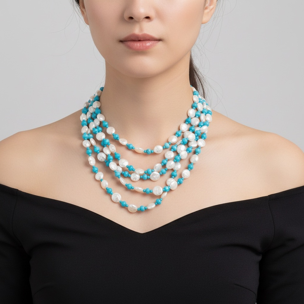 Mother Of Pearl And Blue Agate 5 Strand Bib Necklace